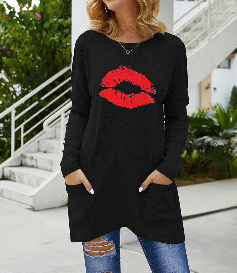 Damen Lange Oversize Tunika Bluse mit Rundhalsausschnitt, Kussdruck und Seitentaschen Drune