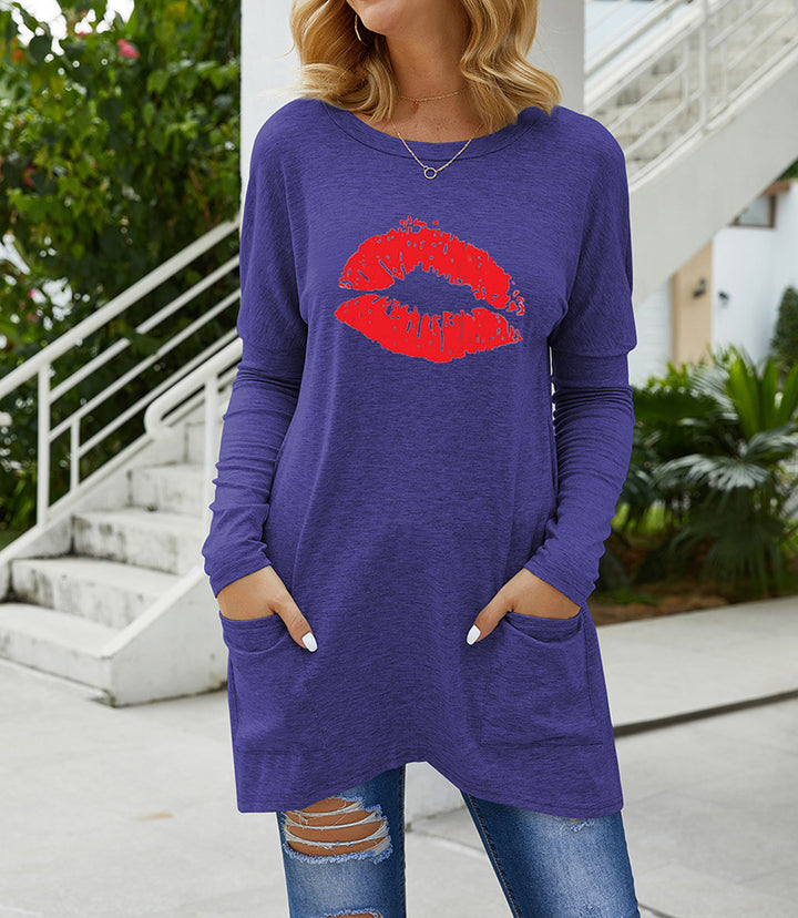 Damen Lange Oversize Tunika Bluse mit Rundhalsausschnitt, Kussdruck und Seitentaschen Drune