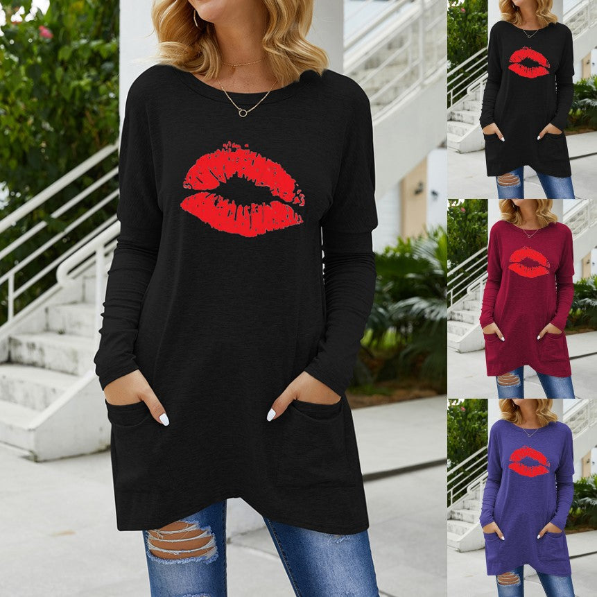 Damen Lange Oversize Tunika Bluse mit Rundhalsausschnitt, Kussdruck und Seitentaschen Drune