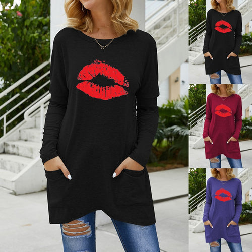 Damen Lange Oversize Tunika Bluse mit Rundhalsausschnitt, Kussdruck und Seitentaschen Drune