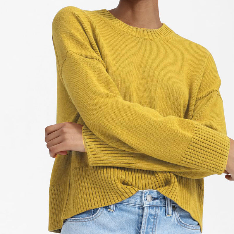 Damen Oversize-Feinstrickpullover mit Rundhalsausschnitt, überschnittener Schulter und breitem Rippsaum Drune