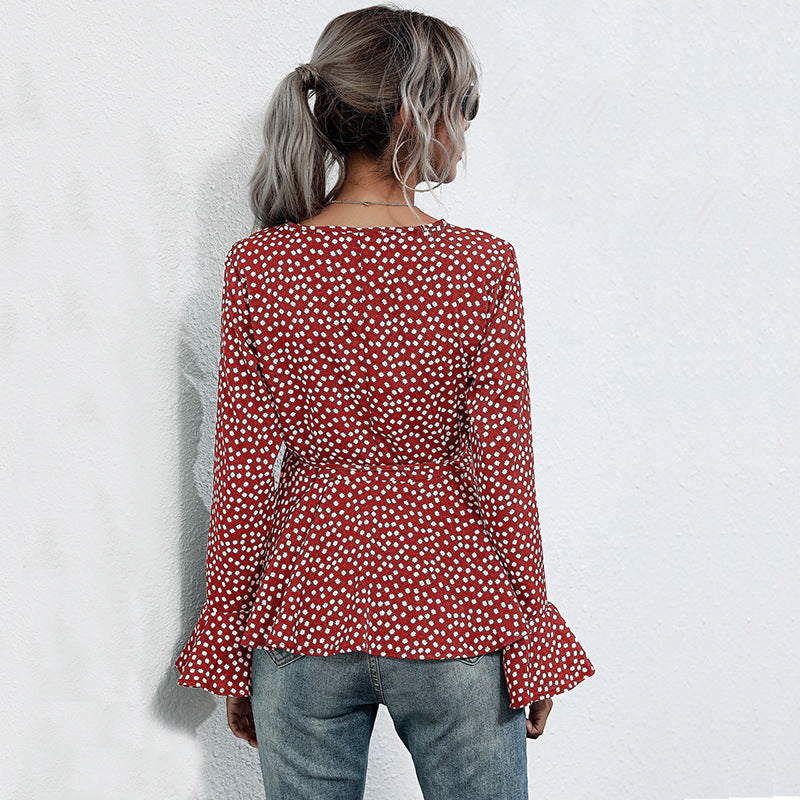 Damen Taillierte Wickelbluse mit V-Ausschnitt, Allover-Punktmuster und ausgestellten Volantärmeln Drune