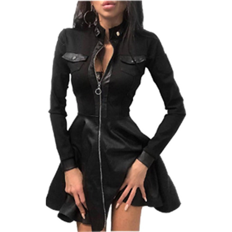 Damen nan tailliertes Mini-Kleid mit Hahnentritt-Oberteil, Kunstleder-Rock, Stehkragen und durchgehendem Reißverschluss Drune