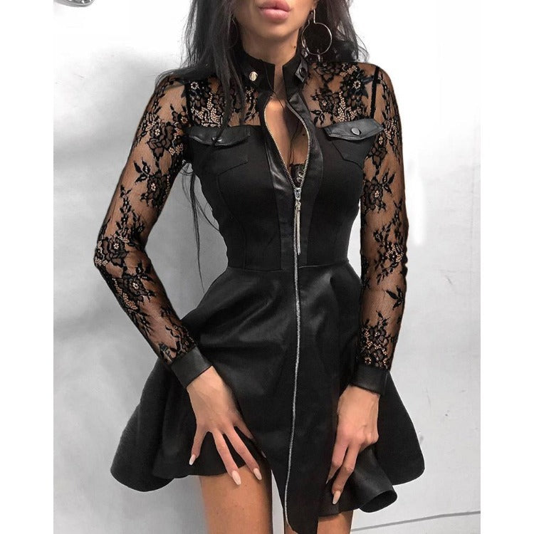 Damen nan tailliertes Mini-Kleid mit Hahnentritt-Oberteil, Kunstleder-Rock, Stehkragen und durchgehendem Reißverschluss Drune