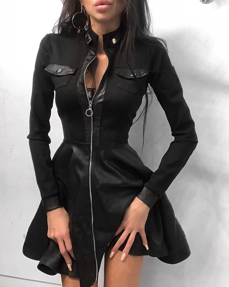 Damen nan tailliertes Mini-Kleid mit Hahnentritt-Oberteil, Kunstleder-Rock, Stehkragen und durchgehendem Reißverschluss Drune
