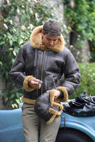 Herren Lammfelljacke mit luxuriösem Kunstfellkragen und wärmendem Innenfutter Drune