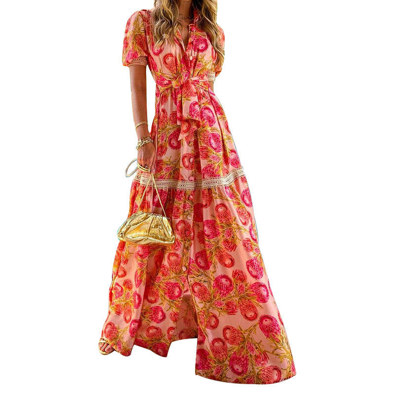 Damen Maxikleid mit floralen Applikationen und Taillengürtel Drune