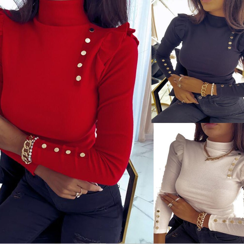 Damen Rippstrick Longsleeve mit Stehkragen, Schultervolant und Zierknöpfen Drune