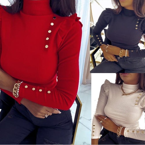 Damen Rippstrick Longsleeve mit Stehkragen, Schultervolant und Zierknöpfen Drune