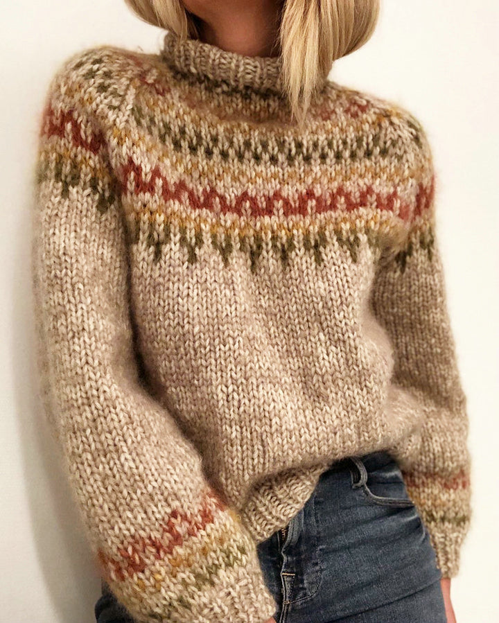 Damen Grober Strickpullover mit hohem Kragen und einzigartigem Muster Drune