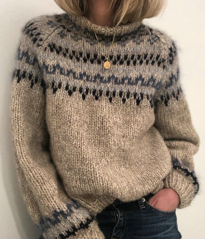 Damen Grober Strickpullover mit hohem Kragen und einzigartigem Muster Drune