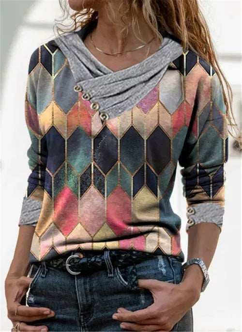 Damen modisches Langarmshirt mit einzigartigem Kragen und grafischem Design Drune