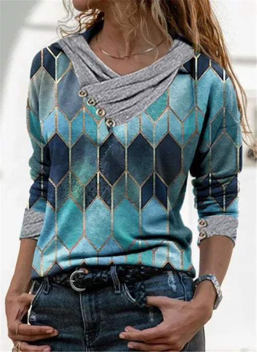 Damen modisches Langarmshirt mit einzigartigem Kragen und grafischem Design Drune