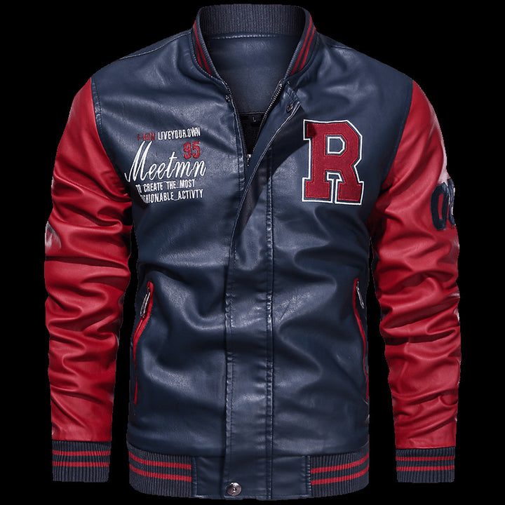 Herren Varsity-Bomberjacke im College-Stil aus Kunstleder mit bestickten Logos & kontrastreichen Ärmeln Drune