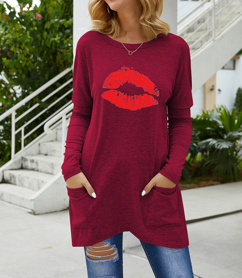 Damen Lange Oversize Tunika Bluse mit Rundhalsausschnitt, Kussdruck und Seitentaschen Drune