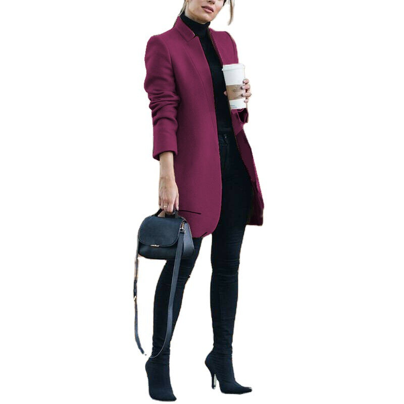 Damen nan eleganter knielanger Wollmix Mantel mit Stehkragen Drune