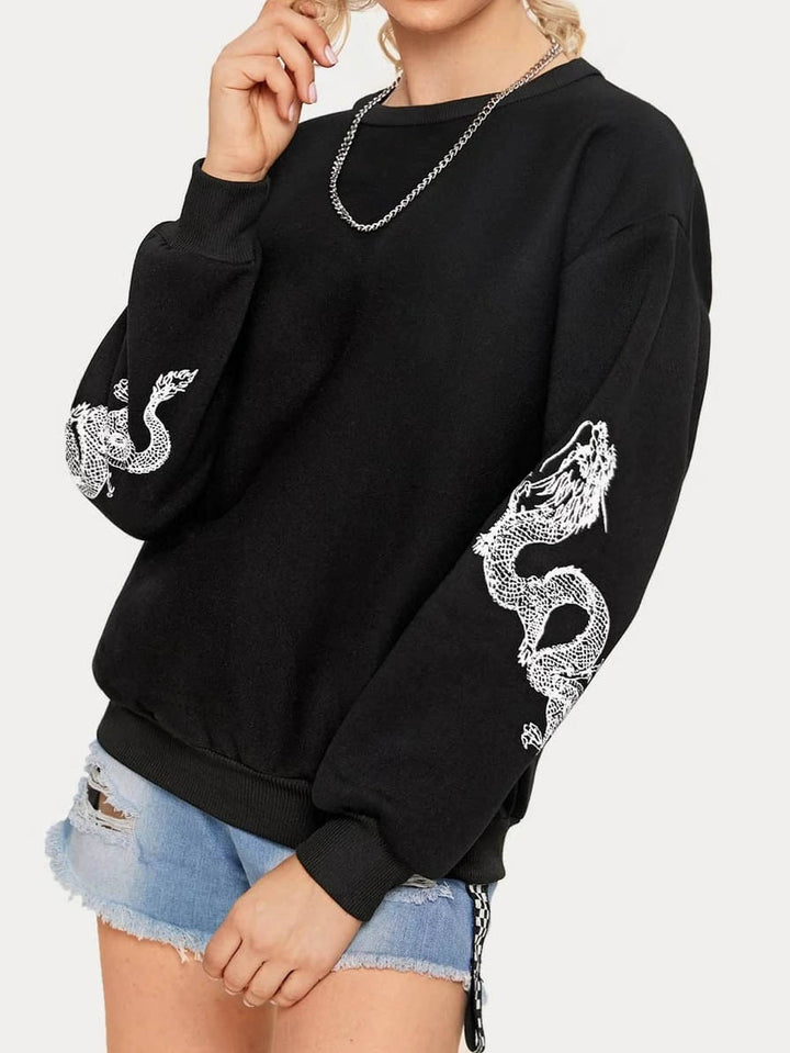 Damen Oversize Sweatshirt mit Drachenprint an Ärmeln und Rundhalsausschnitt Drune
