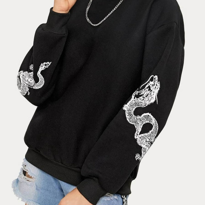 Damen Oversize Sweatshirt mit Drachenprint an Ärmeln und Rundhalsausschnitt Drune