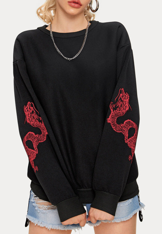 Damen Oversize Sweatshirt mit Drachenprint an Ärmeln und Rundhalsausschnitt Drune