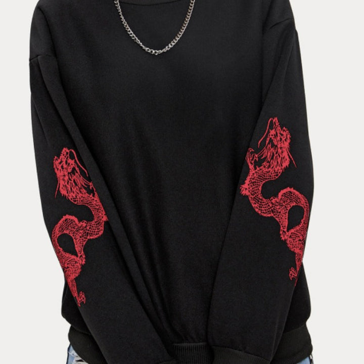 Damen Oversize Sweatshirt mit Drachenprint an Ärmeln und Rundhalsausschnitt Drune