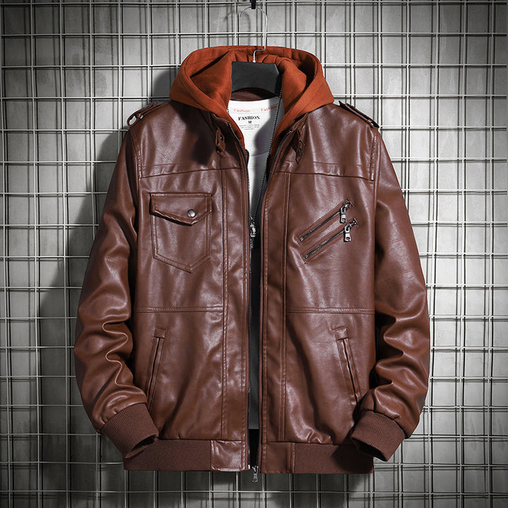 Herren Modische Lederjacke mit Kapuze Drune