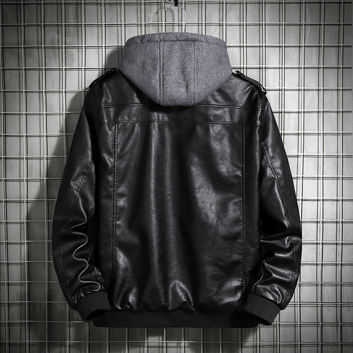 Herren Modische Lederjacke mit Kapuze Drune