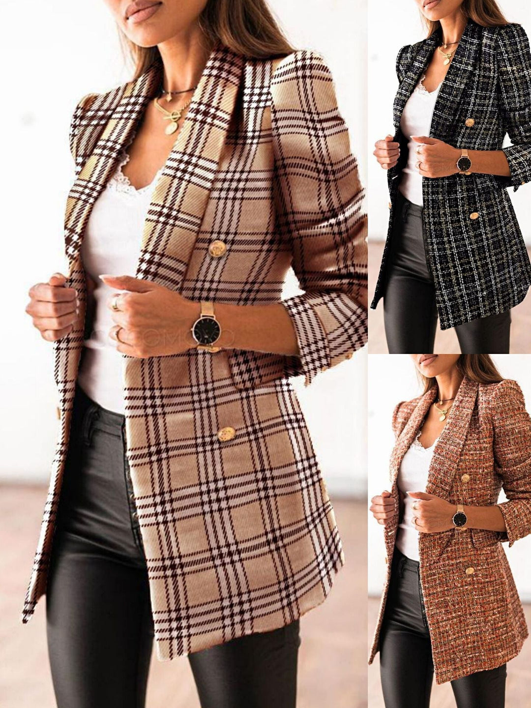 Damen modischer Tweedblazer mit doppelter Knopfleiste und Schulterpolstern Drune