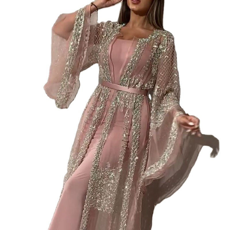 Damen Elegante Kaftan Robe aus transparentem Stoff mit aufwendigen Verzierungen Drune