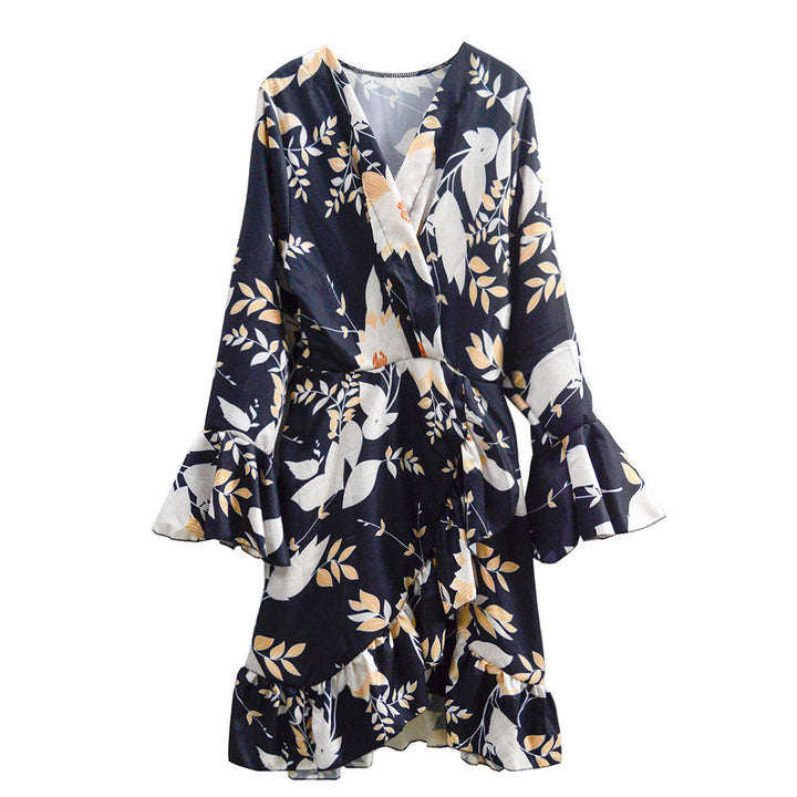 Damen Wickel-Minikleid mit V-Ausschnitt, Taillenschärpe & Volantsaum Drune