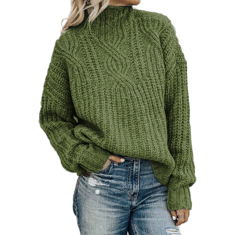 Damen Grobstrickpullover mit hohem Kragen und detaillierter Zopfstruktur Drune