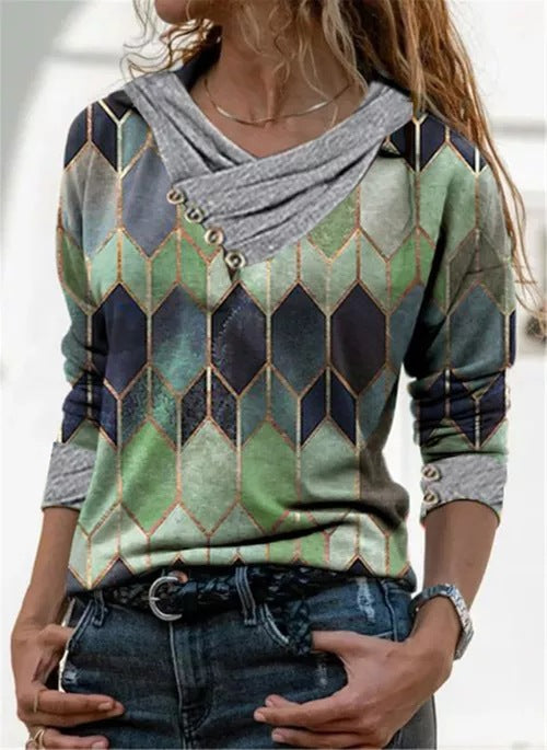 Damen modisches Langarmshirt mit einzigartigem Kragen und grafischem Design Drune