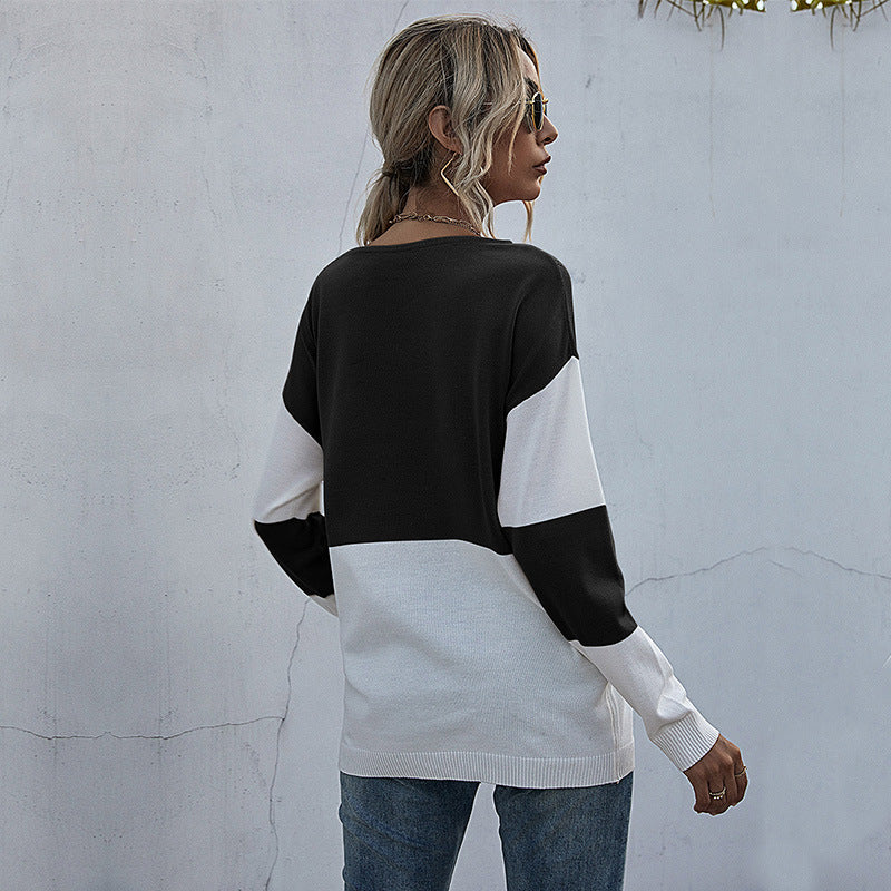 Damen Lockere Strickpullover im Blockmuster mit V‑Ajour‑Detail Drune