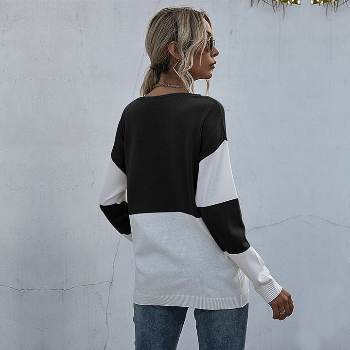 Damen Lockere Strickpullover im Blockmuster mit V‑Ajour‑Detail Drune