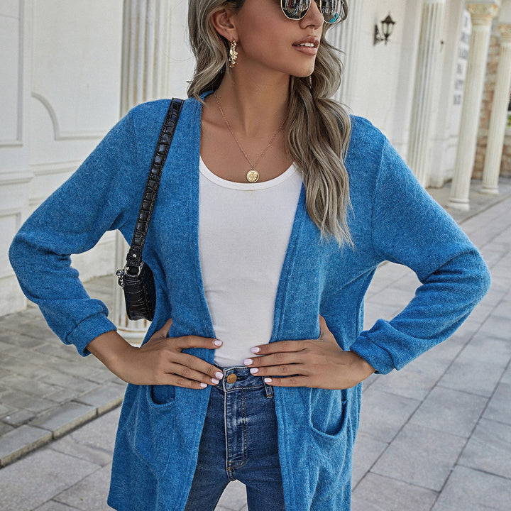 Damen Langer Offener Strickcardigan mit aufgesetzten Taschen und lässigem Fall Drune