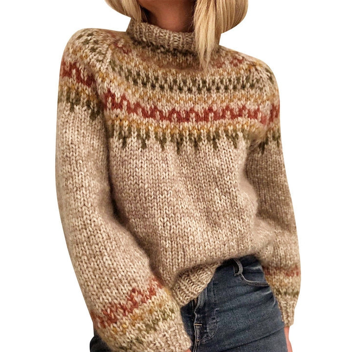 Damen Grober Strickpullover mit hohem Kragen und einzigartigem Muster Drune