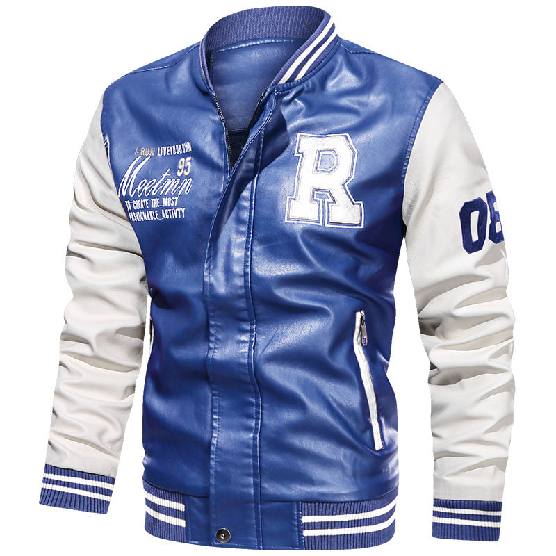Herren Varsity-Bomberjacke im College-Stil aus Kunstleder mit bestickten Logos & kontrastreichen Ärmeln Drune