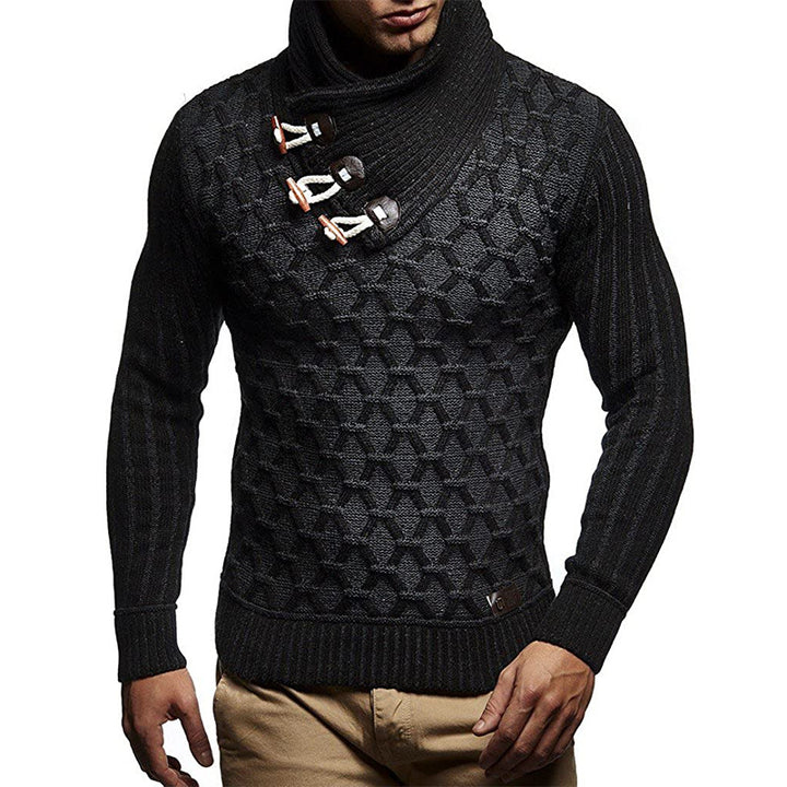 Herren Strukturstrick-Pullover mit überlappendem Rollkragen und Knebelverschlüssen Drune