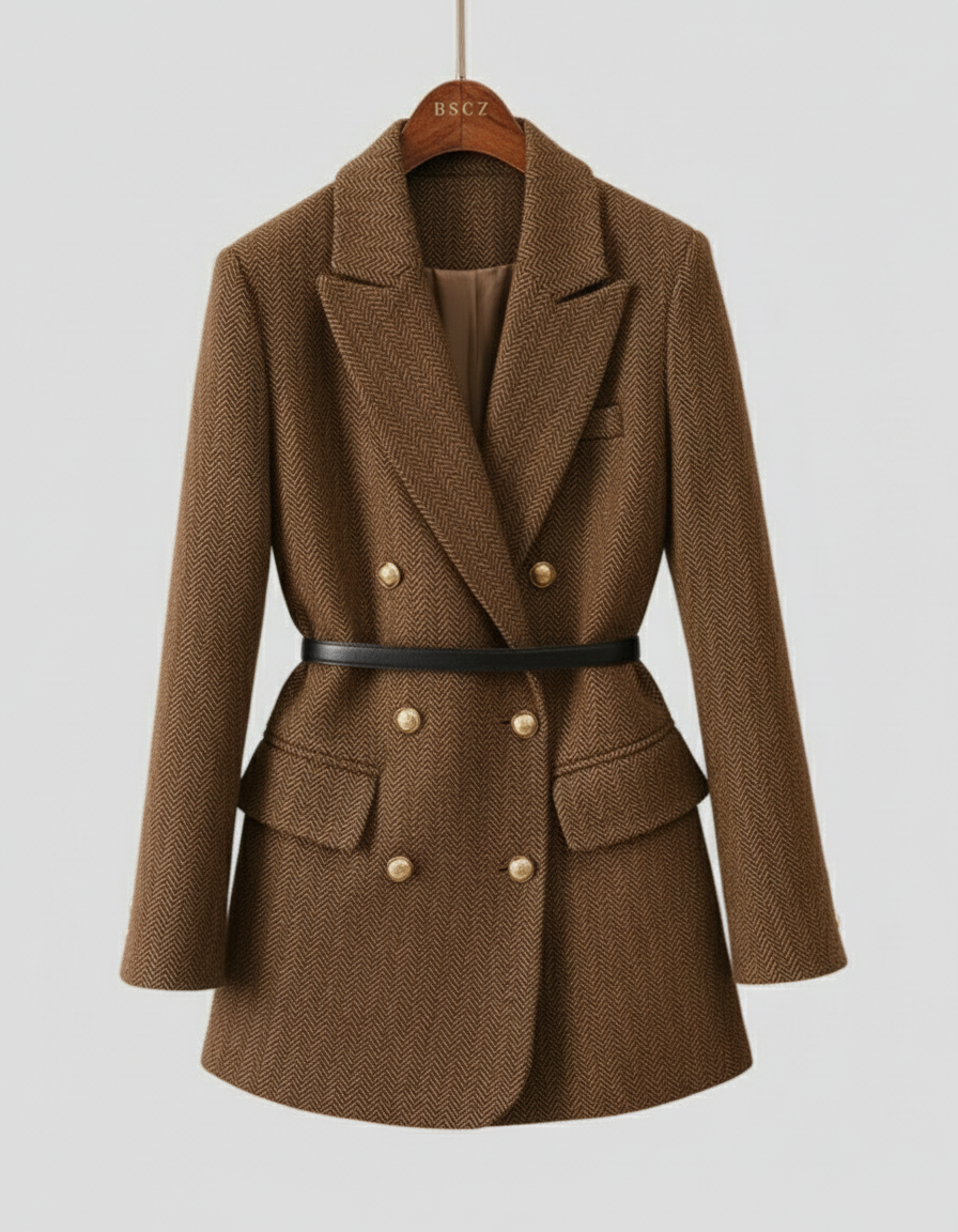 Drune | Tweed Blazer Mantel – Doppelreihig, mit Gürtel, Schalkragen