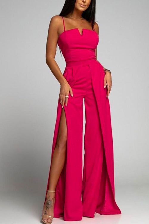 Drune | Hohe Taille Schlitz Fließender Breiter Bein Cami Jumpsuit