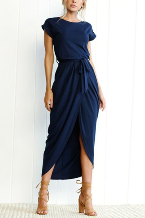 Drune | Rosiedress Kurzarm Tie Waist Schlitz Midi Kleid