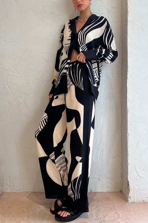Drune | Rosiedress Grafik Druck Langarm Bluse Shirt Weite Beinform Hose 2 Teile Set