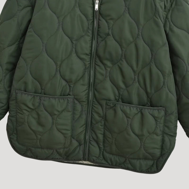 Drune | Damen gesteppte oversized grüne Fleece Zip-Up Jacke