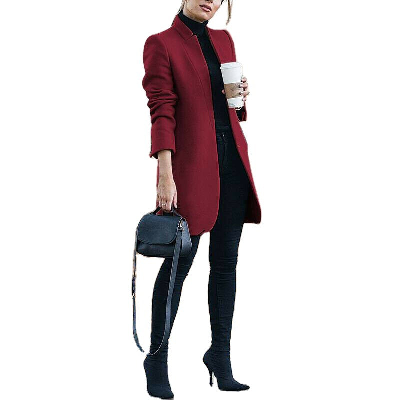 Damen nan eleganter knielanger Wollmix Mantel mit Stehkragen Drune