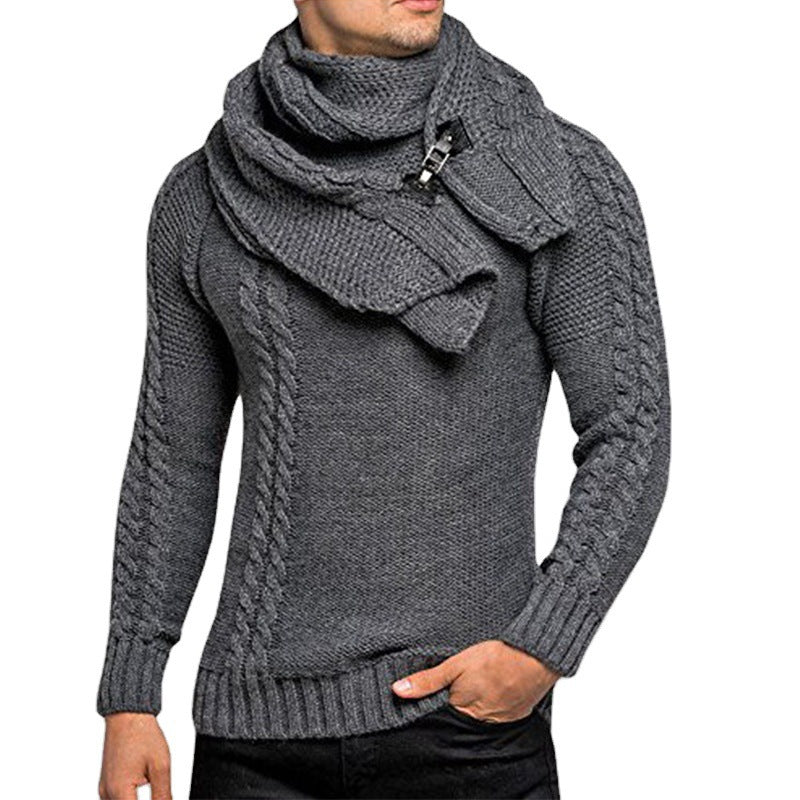 Herren Grobstrick-Pullover mit integriertem Wickelkragen und Schnallen-Schal Drune
