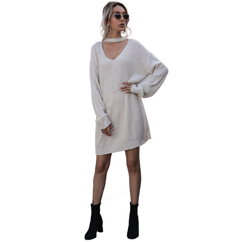 Damen Strickkleid mit Choker-Ausschnitt, überschnittener Schulter und taillierter Silhouette Drune