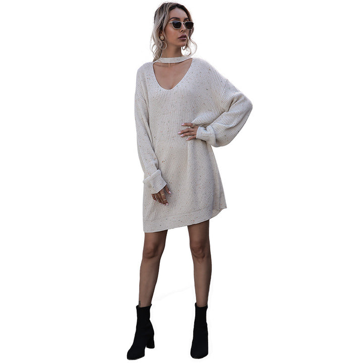 Damen Strickkleid mit Choker-Ausschnitt, überschnittener Schulter und taillierter Silhouette Drune