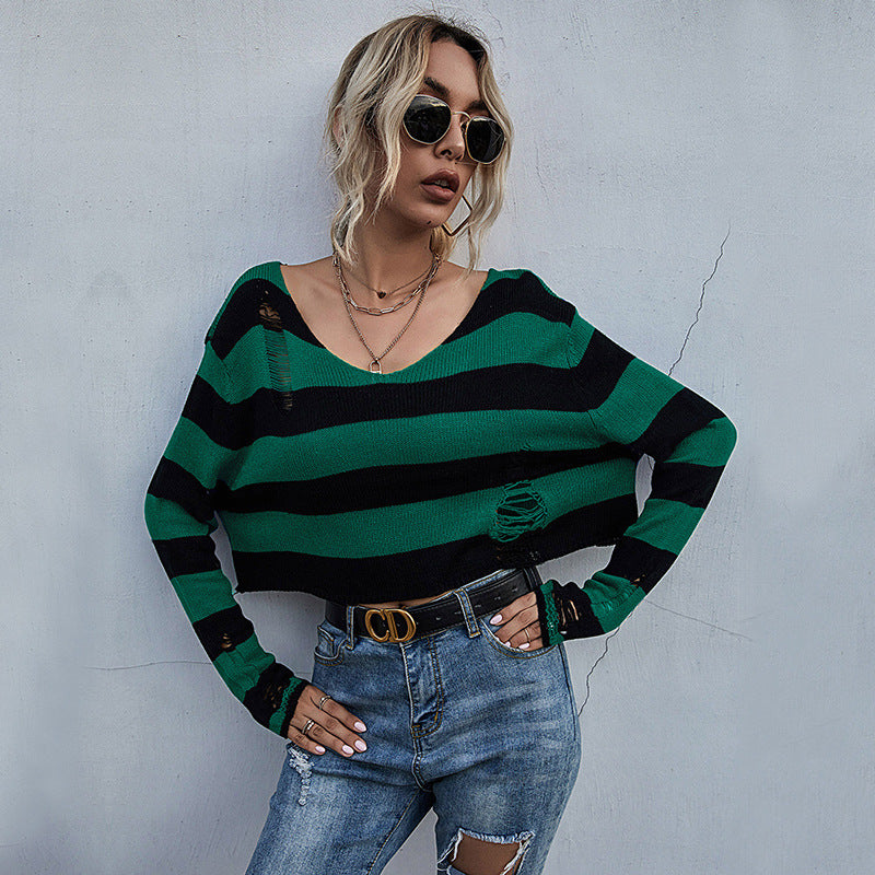 Damen Lässiger Crop-Pullover mit Streifen und Destroyed-Details Drune