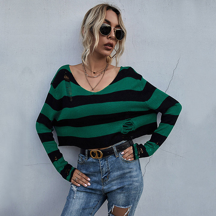 Damen Lässiger Crop-Pullover mit Streifen und Destroyed-Details Drune