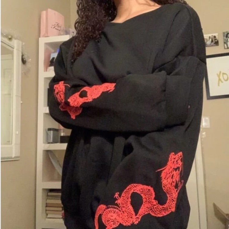 Damen Oversize Sweatshirt mit Drachenprint an Ärmeln und Rundhalsausschnitt Drune