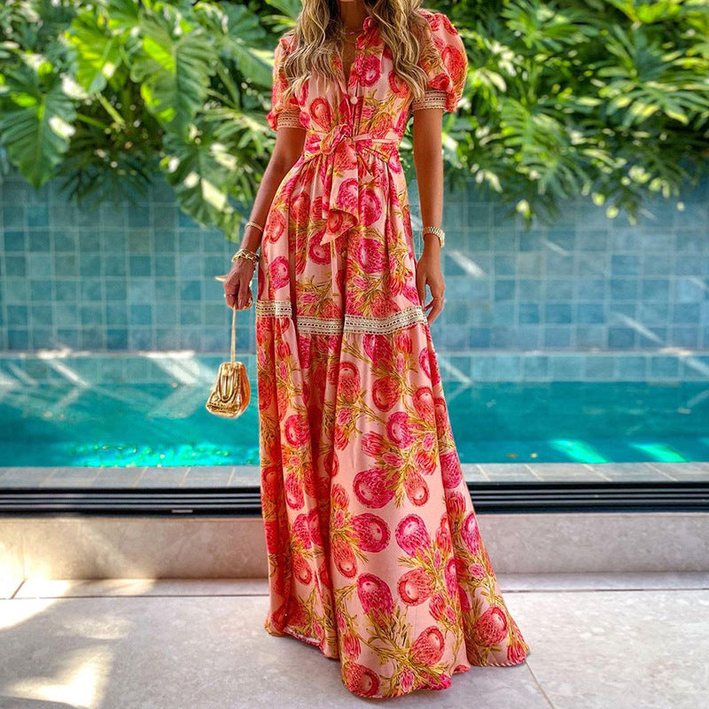 Damen Maxikleid mit floralen Applikationen und Taillengürtel Drune